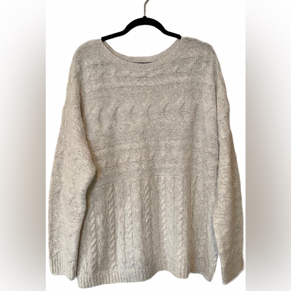 J Jill Boat Neck Sweater Cream Cable Knit Sweater Oversized Lagenlook Large
